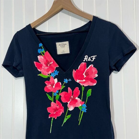 Abercrombie & Fitch Floral Tee M Y2K 2000s V Neck Graphic T-Shirt Navy Pink - Picture 2 of 8